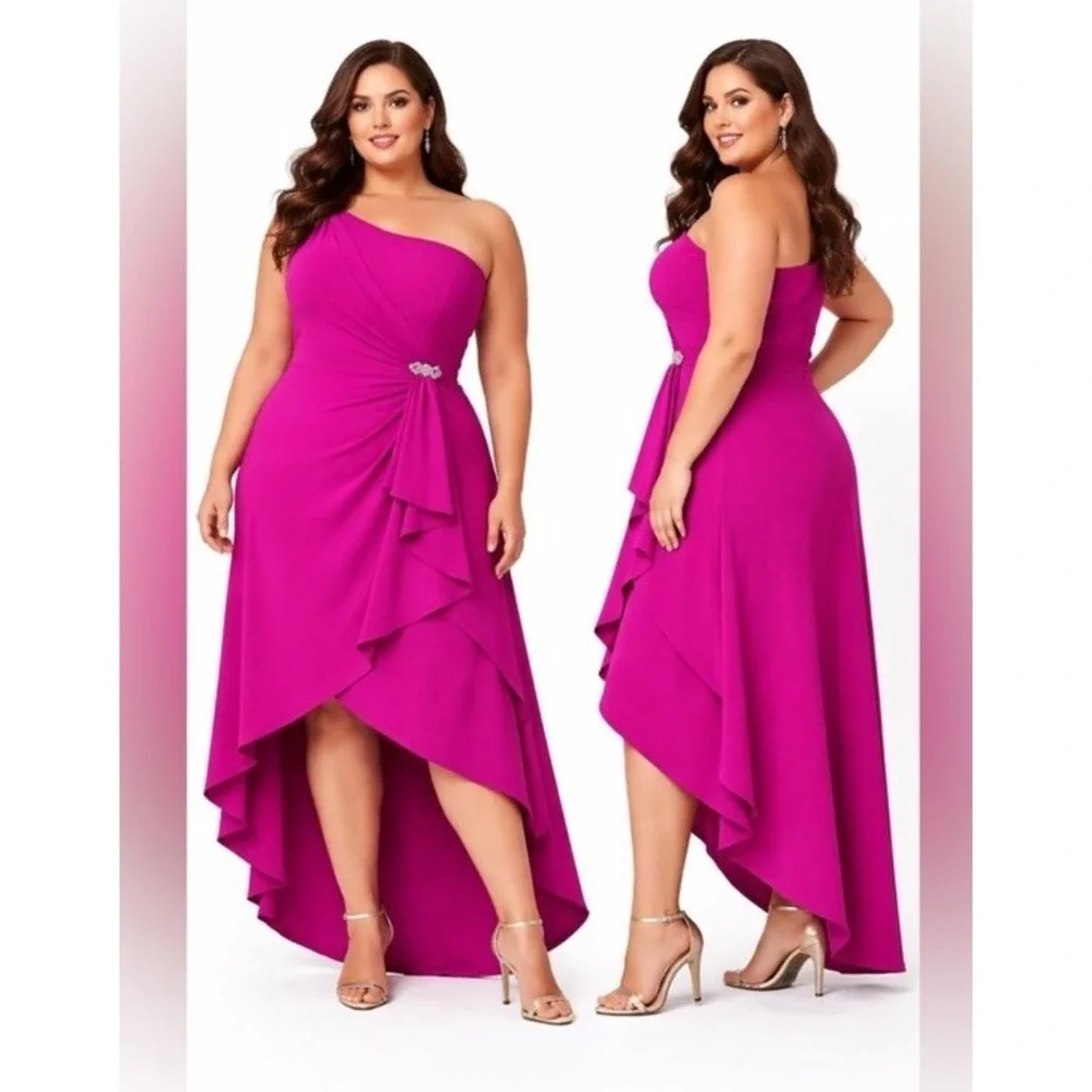 Jessica Howard Dress 24W Pink One Shoulder Rhinestone High Low Gown